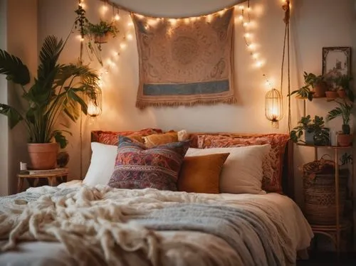 boho,boho art,bedroom,warm and cozy,fairy lights,boho background,canopy bed,cozy,guest room,bohemian,decor,bed in the cornfield,guestroom,sleeping room,string lights,flower blanket,bedding,valentine's day décor,autumn decor,shabby-chic,Photography,General,Cinematic