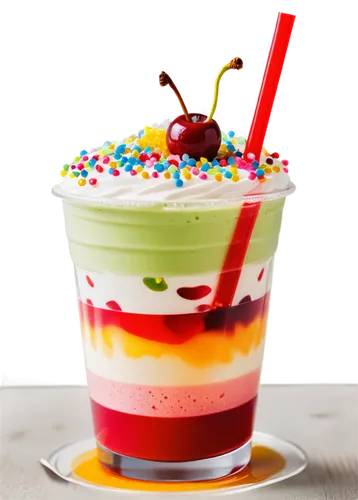 Bobatea, transparent cup, colorful straws, creamy milk foam, iced tea, fruit syrup, sprinkles, cherry on top, close-up shot, shallow depth of field, vibrant colors, soft natural light, 3/4 composition