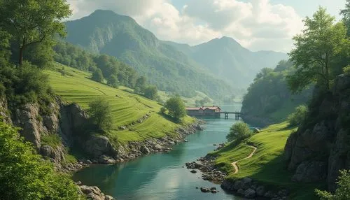 Seamless landscape integration, lush greenery, rolling hills, serene lakeside, meandering pathways, natural stone walls, rustic wooden bridges, organic architecture, earthy tones, weathered wood textu