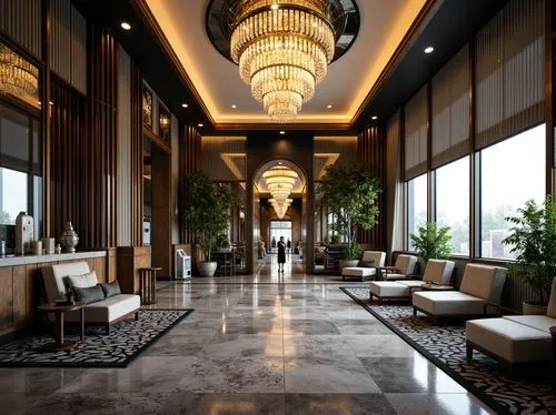 Luxurious hospital interior, ornate metalwork, polished chrome accents, richly veined marble floors, lavish crystal chandeliers, opulent velvet drapes, geometric patterned rugs, glamorous gold leafing