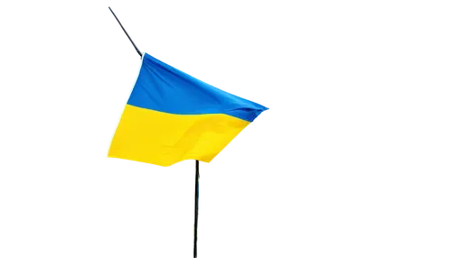 Ukraine flag, vertical composition, blue and yellow colors, waving in wind, fabric texture, pole on left side, close-up shot, bright natural light, high contrast, 3/4 frame, shallow depth of field, vi