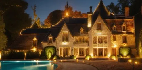 landscape lighting,luxury home,mansion,luxury property,beautiful home,magic castle,security lighting,luxury real estate,pool house,bendemeer estates,private house,gold castle,country estate,victorian,large home,fairy tale castle,rosewood,victorian house,country house,model house,Photography,General,Natural