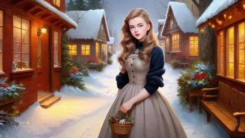 Romantic masterpiece oil painting, cute girl portrait, nostalgic 1950's style kitsch, traditional woman, tradwife, Winter wonderland, snowy landscape, Christmas village scenery, by Thomas Kinkade, by 