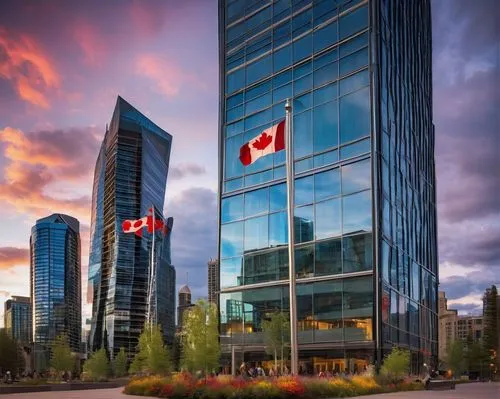 Calgary modern skyscraper, glass and steel materials, geometric structure, sharp angles, reflective windows, rooftop garden, urban cityscape, downtown area, evening time, warm lighting, vibrant colors