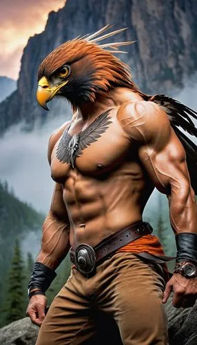 strong, muscular man, hawk forearm tattoo, detailed feathers, sharp talons, bold black outline, vibrant orange beak, sleeveless shirt, athletic build, intense gaze, standing, rugged mountain backgroun