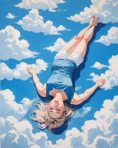 woman laying on clouds with blue eyes looking at the sky, view from above face, risograph and anime painting ,a woman is floating down in the sky on clouds,cloudmont,sky,cielo,cloudlike,cloud,clouds -