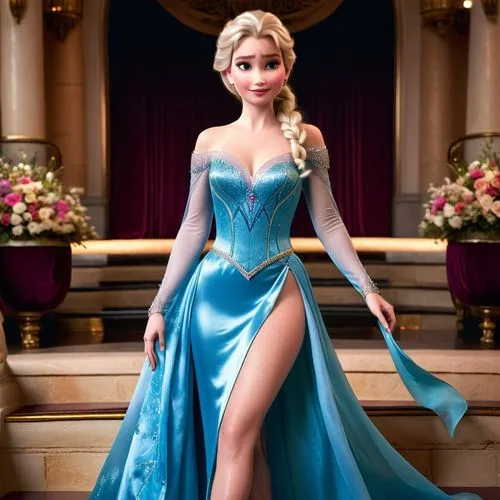 Walt Disney Pictures

Frozen ( Kinofilm CGI serie )

Königin Elsa ( Frozen )

Sie geht anmutig die stufen der Treppe zum Königlichem Ballsaal hinunter
Das Kleid ist an ein paar stellen transparent,els