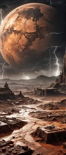 Surface of the Mars with a ruins of an ancient city, lien technology, silver moon, lightnings, storm, golden raining, smoky,,barsoom,gallifrey,futuristic landscape,fantasy landscape,geonosis,malazan,p