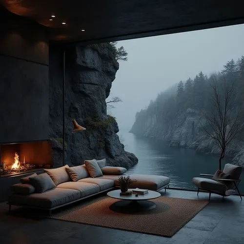 cave on the water,the cabin in the mountains,coziness,fireplace,lago grey,modern minimalist lounge