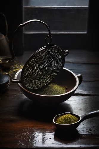 Write a suspenseful story set in a mysterious tea shop where a tea strainer holds a dark secret.,gyokuro,junshan yinzhen,tieguanyin,mystic light food photography,sencha,mortar and pestle,japanese tea,