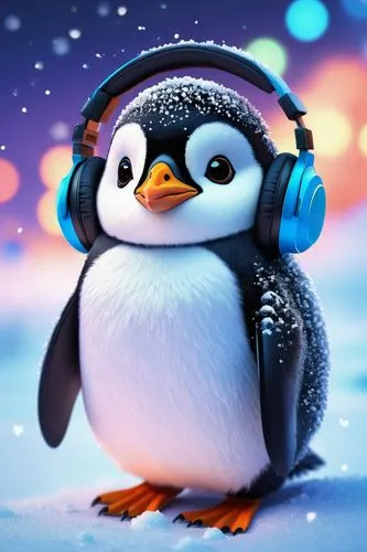 Penguin Paradise Discord Server, colorful cartoonish illustration, vibrant blue and white hues, penguins waddling around, wearing cute headphones and holding gaming controllers, playful expressions, a