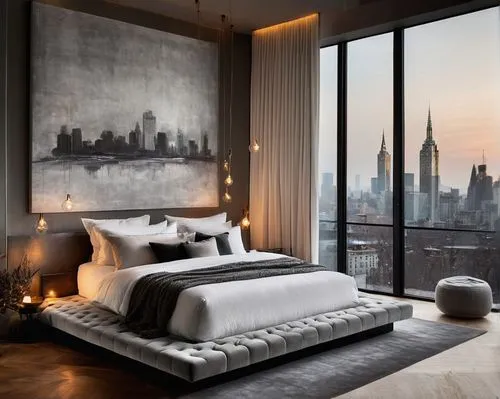 manhattan skyline,new york skyline,gansevoort,modern room,headboards,great room,sleeping room,penthouses,manhattan,newyork,headboard,brownstone,chambre,andaz,bedroom window,guestrooms,bedroom,modern decor,ascott,guest room,Illustration,Realistic Fantasy,Realistic Fantasy 40