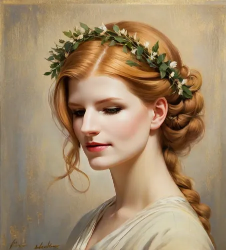 emile vernon,girl in a wreath,golden wreath,laurel wreath,romantic portrait,portrait of a girl,bouguereau,diadem,mystical portrait of a girl,spring crown,young woman,floral wreath,rose wreath,girl portrait,fantasy portrait,oil painting on canvas,oil painting,flower crown of christ,young girl,blooming wreath