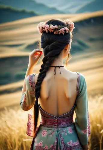 spectacular scene of Ha Giang nature in the background, an elegant Vietnamese lady with long braided black hair wears a tribal electic chic backless dress with Vietnamese tribal pattern in light earth