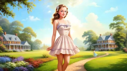 Romantic masterpiece oil painting, cute girl portrait, nostalgic 1950's style kitsch, beautiful southern plantation landscape, American national park scenery, by Thomas Kinkade, by Bob Ross, high res,