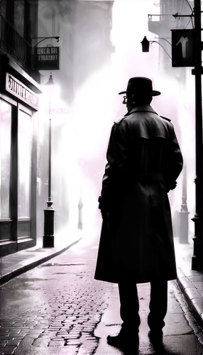 True noir image, black and white, mysterious atmosphere, dark shadows, low-key lighting, wet pavement, city street at night, foggy, solo figure in distance, trench coat, fedora hat, cigarette smoke, 3