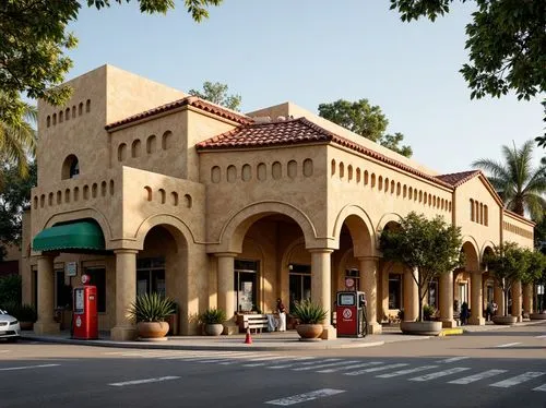 Rustic gas station facade, Romanesque arches, ornate stone carvings, warm beige stucco walls, red terracotta roofs, decorative cornices, grand entranceways, imposing columns, vintage fuel pumps, nosta