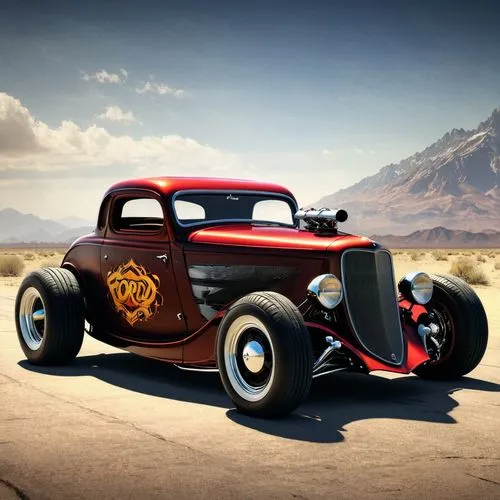 1934 ford coupe hot rod,an old fashioned  rod car on the road,hotrod car,hotrod,rat rod,street rod,bockscar,retro automobile,Conceptual Art,Fantasy,Fantasy 11