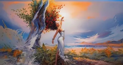 argan tree,dead vlei,landscape background,argan trees,fantasy picture,desert background,fantasy art,desert landscape,burning bush,girl with tree,painted tree,fantasy landscape,glass painting,dryad,ari