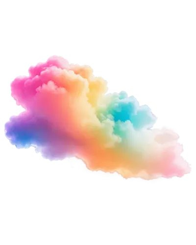 Colorful rainbow cloud, whimsical, soft puffy shape, white outline, vibrant gradient colors, gentle wispy tendrils, floating in mid-air, isolated on transparent background, high contrast, warm lightin