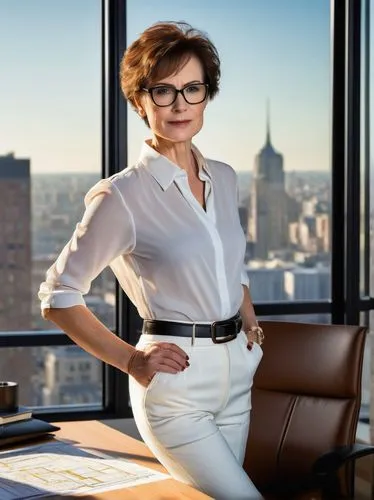 Middle-aged, mature lady, architectural designer, intermediate level, standing, confident pose, black framed glasses, short brown hair, subtle makeup, white blouse, black trousers, leather belt, black