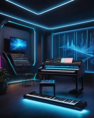 Modern music studio, virtual instrument software, sleek futuristic architecture, minimalist interior design, neon blue glow, holographic screens, futuristic control panels, metallic surfaces, ambient 