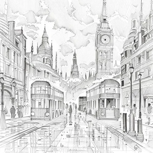 townscape,eastcheap,city scape,marshalsea,fleetstreet,dickensian,unbuilt,steeples,townscapes,lothbury,london buildings,castlegate,cornhill,victoriana,waterdeep,kirkhope,cornmarket,fantasy city,cityscapes,underdrawing,Design Sketch,Design Sketch,Hand-drawn Line Art