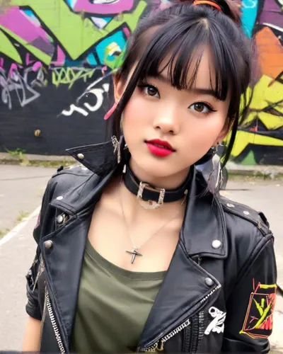 punk,asian girl,harajuku,pi mai,maimi fl,tiktok icon,phuquy,vietnamese,rockabella,japanese idol,asian,wu,realdoll,miso,rockabilly style,neon makeup,asia girl,asian woman,leather jacket,nico