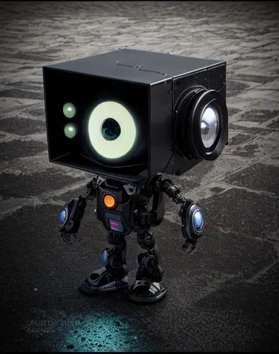 A robot, large head, made of shiny black metal, one singe large glowing eye,minibot,radio-controlled toy,robot eye,robot,video projector,robot in space,robotic,military robot,chat bot,srl camera,micro