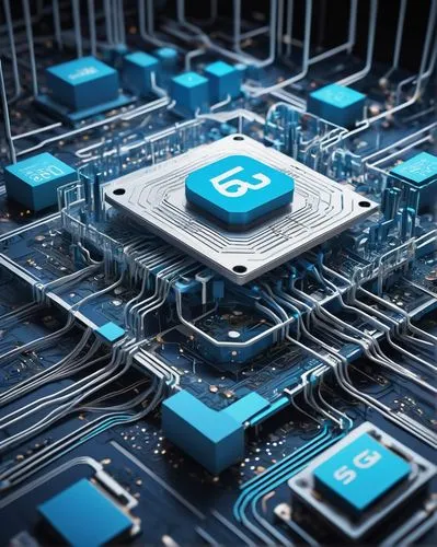 5G core architecture diagram, technical illustration, futuristic background, circuit boards, microchips, wires, metallic components, sleek lines, minimalist design, modern colors, blue and white tones