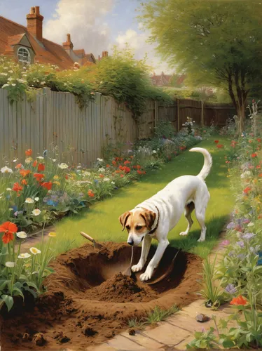 jack russel,gardening,gardener,artois hound,beagle,jack russell,english foxhound,american foxhound,flower bed,girl in the garden,cottage garden,st bernard outdoor,king charles spaniel,bassett,scent hound,flowerbed,basset hound,beagador,dog illustration,hanover hound,Art,Classical Oil Painting,Classical Oil Painting 13