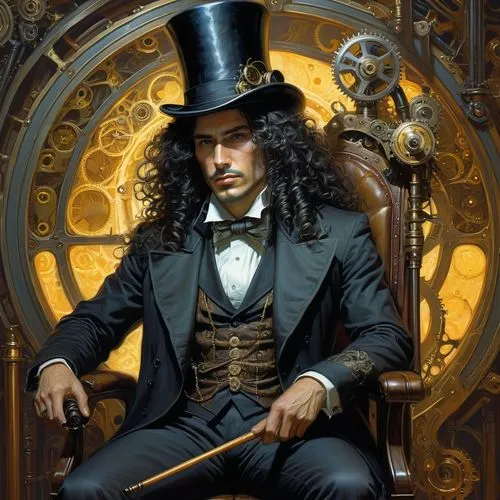 clockmaker,steampunk,the magician,coloccini,watchmaker,paganini,lestrange,grandiloquence,victoriana,grandiloquent,alucard,aristocrat,gringoire,assou,magician,hatter,ringmaster,hammett,kirkorov,leonardo devinci,Illustration,Realistic Fantasy,Realistic Fantasy 03