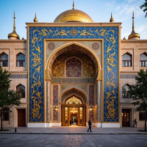 Vibrant cultural heritage building, intricate ornate carvings, majestic grand entrance, symmetrical architectural design, ornamental facades, colorful glazed tiles, Islamic-inspired geometric patterns