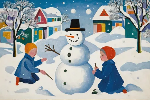 snowmen,snowman,christmas snowman,snow scene,snow man,snow figures,david bates,vintage christmas card,modern christmas card,snowman marshmallow,carolers,folk art,christmas scene,vintage christmas,christmas snow,vintage christmas calendar,christmas motif,suit of the snow maiden,snowball,sno-ball,Art,Artistic Painting,Artistic Painting 38