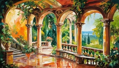 villa balbianello,conservatory,giardino,pergola,loggia,orangerie,church painting,orangery,mirogoj,kykuit,home landscape,villa d'este,giarratano,rivendell,hacienda,cochere,patio,italian painter,cloister,tuscan,Conceptual Art,Oil color,Oil Color 20