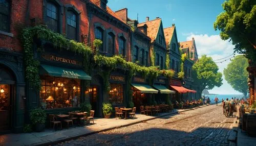 New York street cafe Endless Runner, Endless Runner screenshot, focused photography, concept art, final render, rendered in cycles, main beach, cobblestone, medieval New York street cafe, lively marke