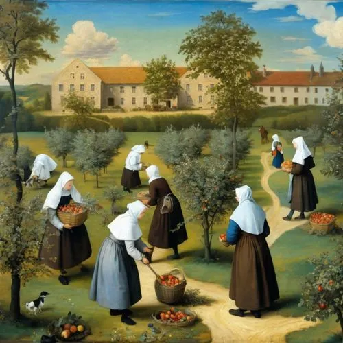 (view from above as in the paintings of Pieter Bruegel, small figures of Catholic nuns in Breton bonnets and kerchiefs, light brown robes and dark brown dresses are picking apples from the trees, next