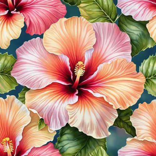 a colorful flower with leaves is on the blue background,hibiscus flowers,flowers png,tropical floral background,floral digital background,hibiscus,flower background