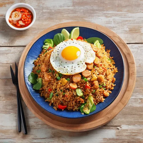 nasi goreng,kimchi fried rice,thai fried rice,prawn fried rice,yeung chow fried rice,mie goreng,indonesian dish,nasi kuning,bibimbap,dak galbi,rice with minced pork and fried egg,chai tow kway,special fried rice,indonesian rice,spiced rice,nasi liwet,rice with fried egg,egg wrapped fried rice,nasi campur,rice bowl,Illustration,Japanese style,Japanese Style 19