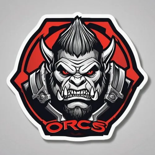 Logo emblem for game token representing the head of a terrifying orc, (including the word "Orcs"), black and red tones, illustration, hexagonal token on a white background,the sticker on this car show