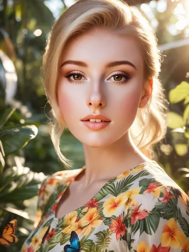 blonde lady with a ponytail, wears a summer dress with a tropical bird print, sunset, luscious lips, gentle, varied butterflies, lens flare, photorealistic.,natural cosmetic,realdoll,dahlia,beautiful 