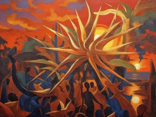 sunset in africa ,beltane,tangerine tree,burning bush,uvi,mangroves,oil on canvas,eruption,cultivator,orange tree,cimarosa,oriflamme,pentecost,tree torch,pandanus,pentecostalists,khokhloma painting,ba