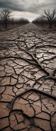 1 figure, clay texture, cracked surface, desolate landscape, barren trees, scattered debris, overcast sky, dramatic lighting, wide-angle shot, post-apocalyptic setting, abandoned city ruins, rusted ve