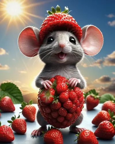 3D rendering image of a cute mouse whose body and face are made entirely of fresh strawberries. The strawberries combines perfectly with the mouse and creates a natural and lively look. On his head, t