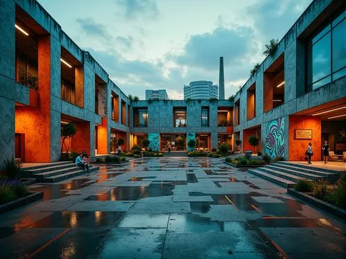 Deconstructed gymnasium, brutalist architecture, exposed concrete walls, rusted metal beams, fragmented shapes, bold color palette, vibrant orange accents, deep blue tones, neon green highlights, indu