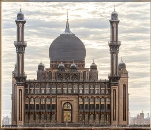 an architectural image of two tall buildings,al nahyan grand mosque,grand mosque,sharjah,islamic architectural,hassan 2 mosque,sultan qaboos grand mosque,uloom,putrajaya,big mosque,masjid jamek mosque