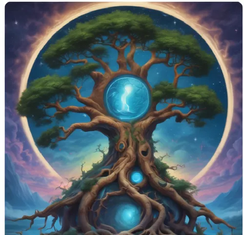 an oil painting of a tree with its roots in front of a full moon,tree of life,celtic tree,mother earth,magic tree,qabalah,earth chakra