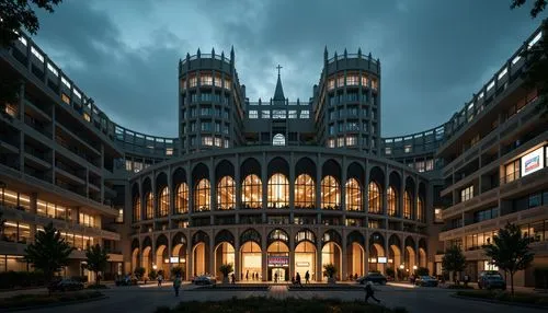 Grandiose Gothic stadium facade, intricately ornate details, pointed arches, ribbed vaults, flying buttresses, stained glass windows, majestic entrance gates, medieval-inspired turrets, dramatic night