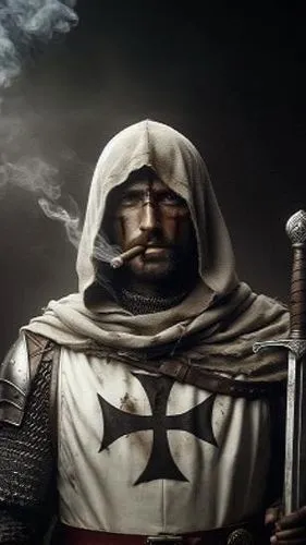 a templar knight smokin cigarrete , with a dark background,crusader,templar,massively multiplayer online role-playing game,thracian,germanic tribes,hooded man,roman soldier,conquistador,the roman cent