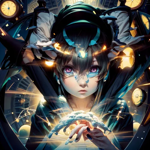 transistor,clockmaker,summoner,divination,alice,hatsune miku,magic grimoire,the enchantress,zodiac sign libra,cybernetics,watchmaker,priestess,blue enchantress,crystal ball,metaverse,sci fiction illustration,zodiac sign gemini,sorceress,cyberspace,amulet